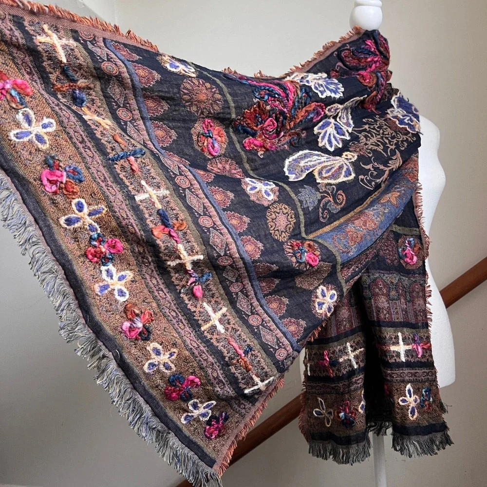 Vintage Boho Floral Tapestry Scarf Shawl Dark Artsy Forest Folk Chunky Wrap